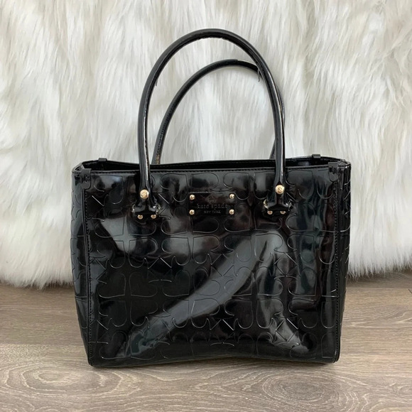 Kate Spade Quinn Embossed Ace Of Spades Tote Bag Black Patent Leather Satchel - Picture 3 of 11
